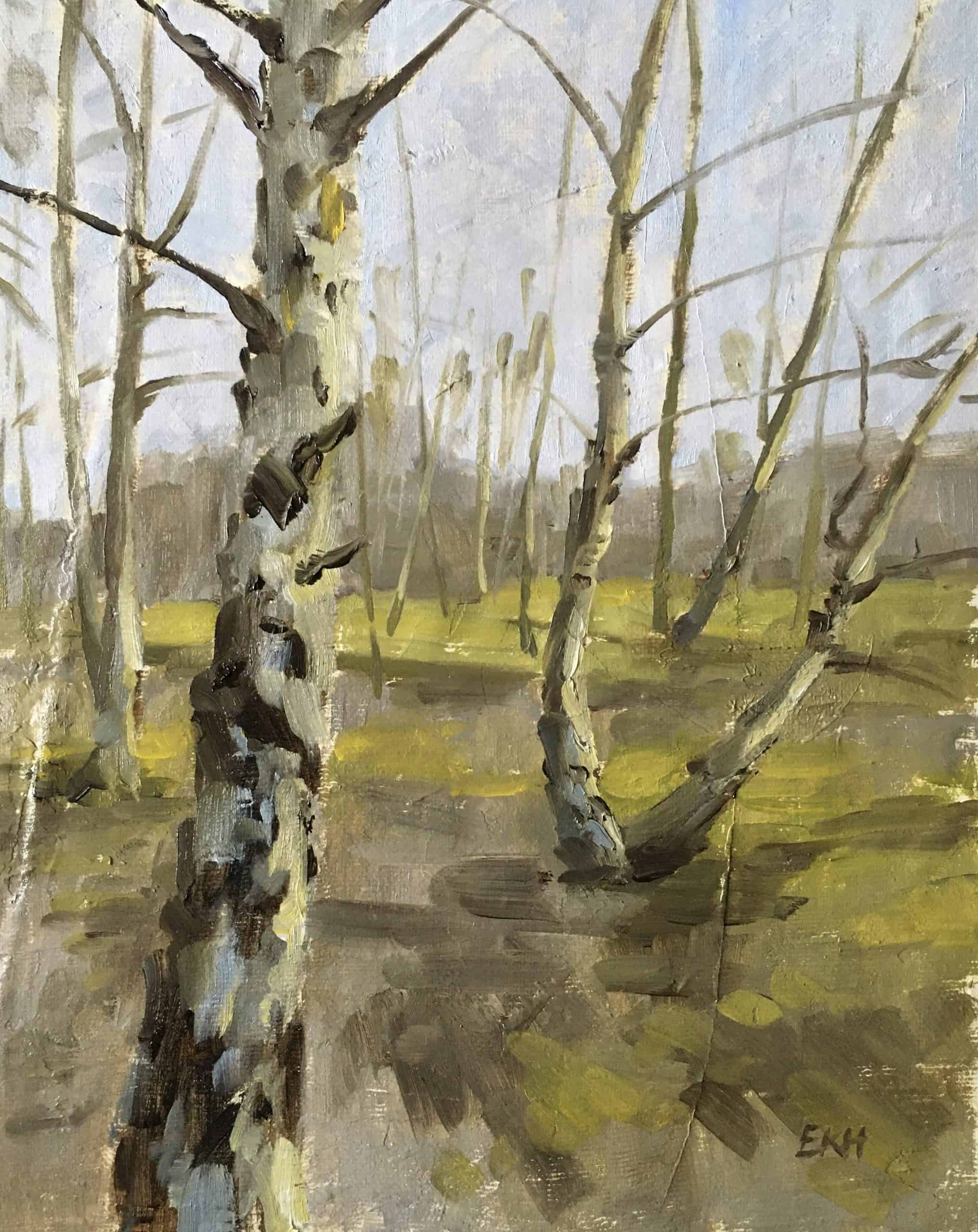 Painting of silver birches on canvas